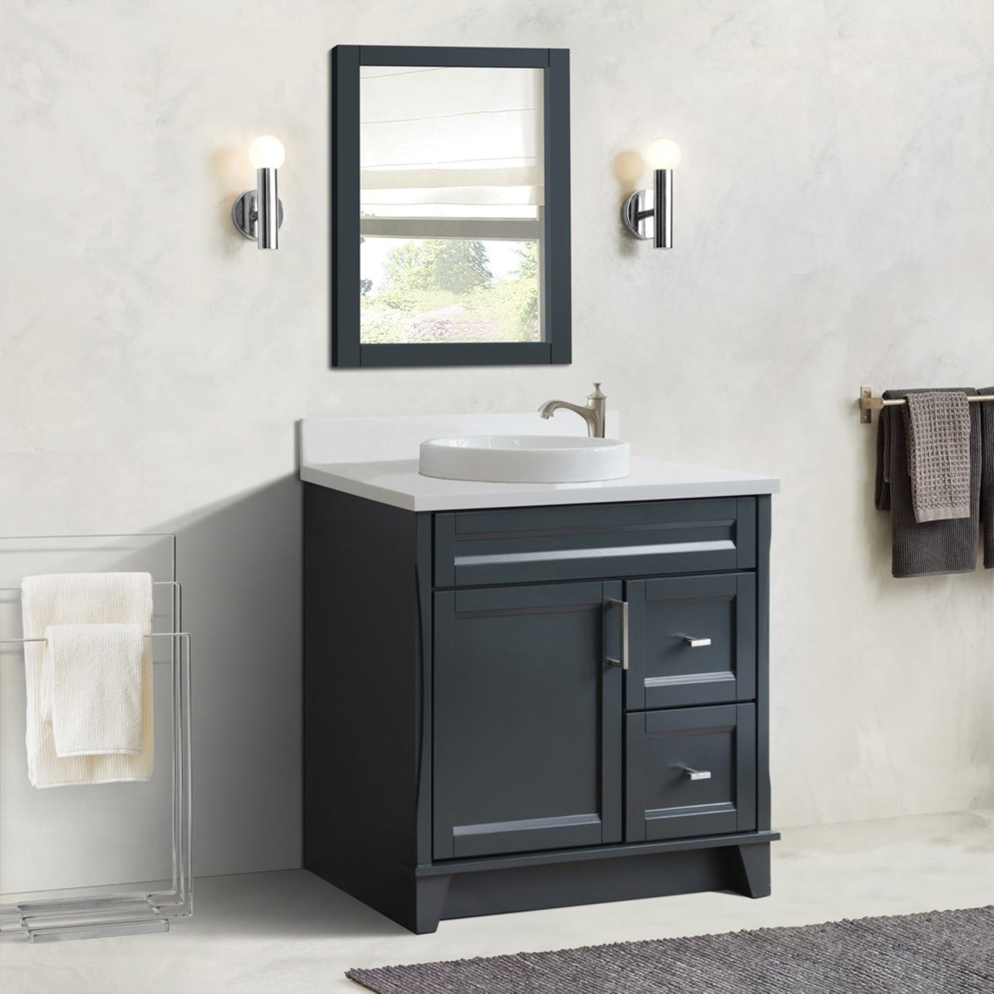 37" Single sink vanity in Dark Gray finish with White engineered stone and Left door/Round Center sink