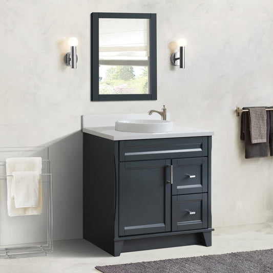 37" Single sink vanity in Dark Gray finish with White engineered stone and Left door/Round Center sink