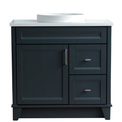 37" Single sink vanity in Dark Gray finish with White engineered stone and Left door/Round Center sink