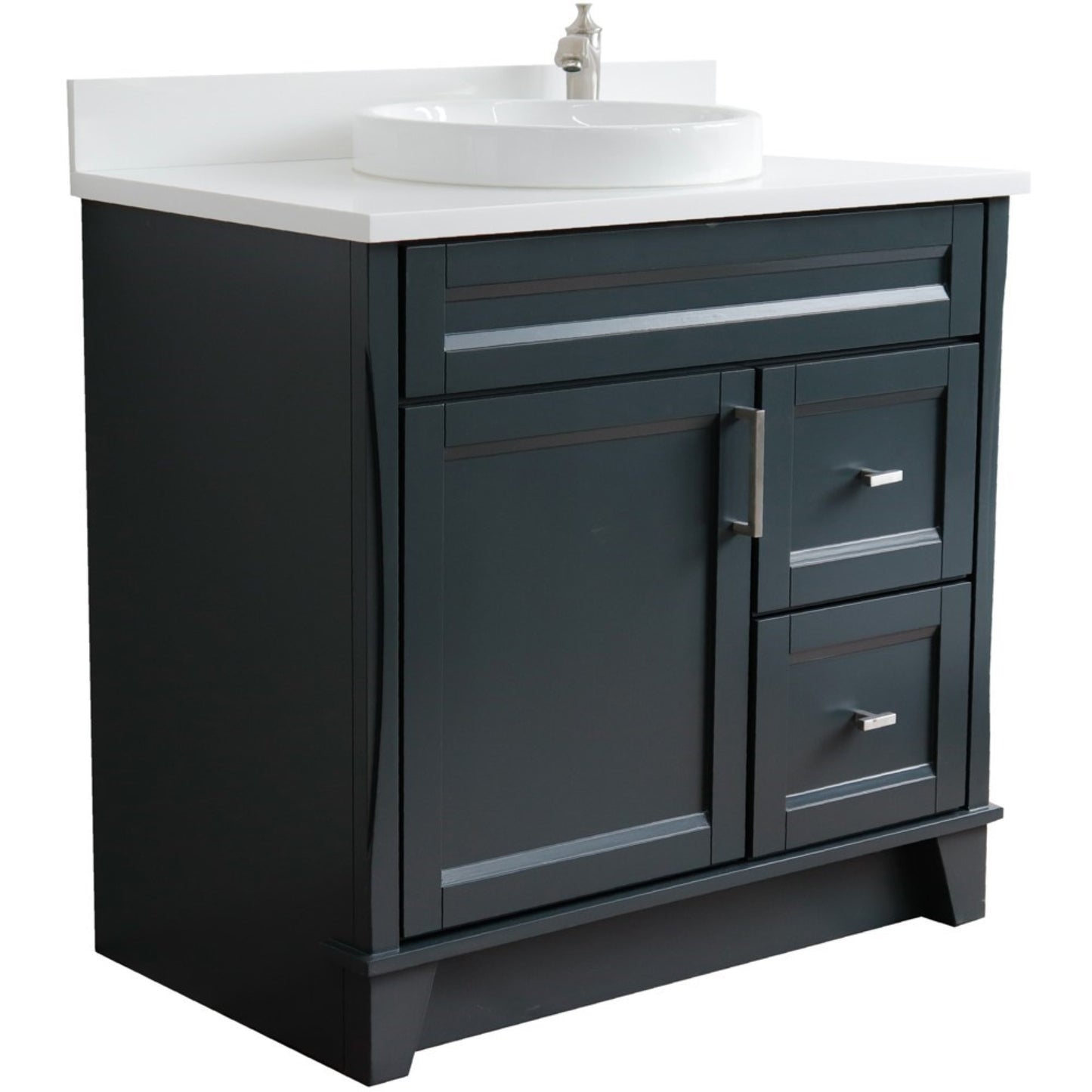 37" Single sink vanity in Dark Gray finish with White engineered stone and Left door/Round Center sink