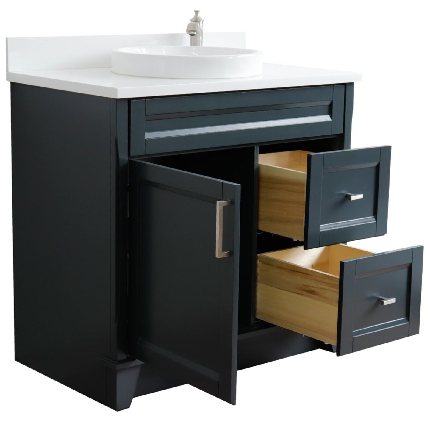 37" Single sink vanity in Dark Gray finish with White engineered stone and Left door/Round Center sink