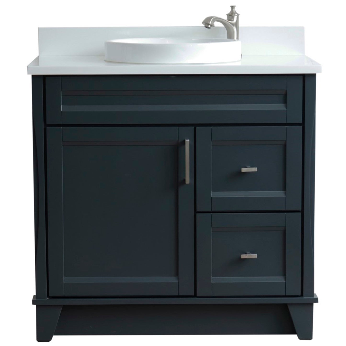 37" Single sink vanity in Dark Gray finish with White engineered stone and Left door/Round Center sink