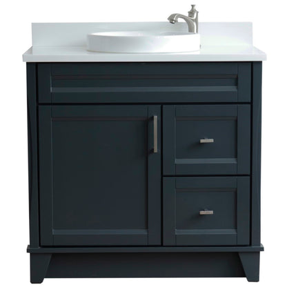37" Single sink vanity in Dark Gray finish with White engineered stone and Left door/Round Center sink