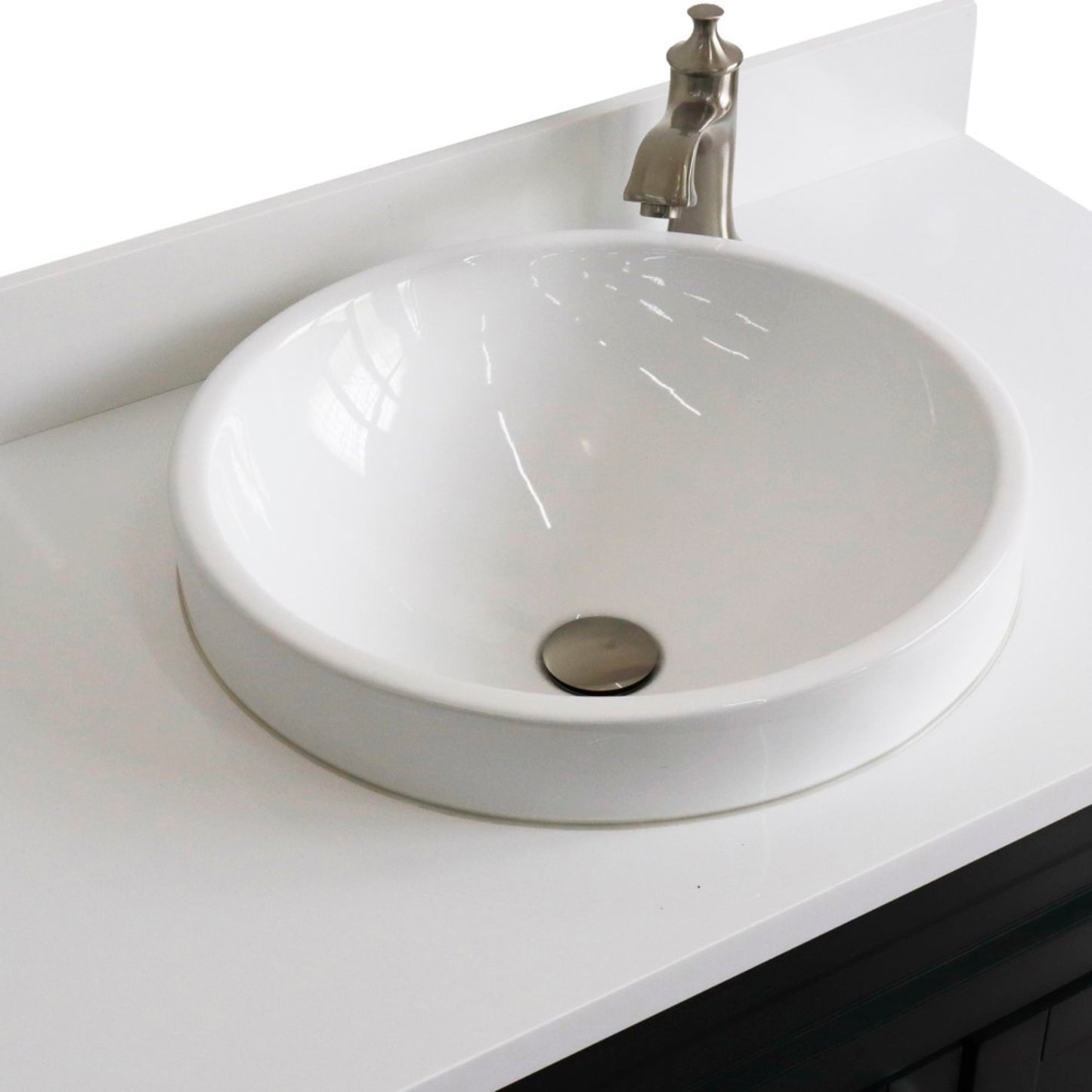 37" Single sink vanity in Dark Gray finish with White engineered stone and Left door/Round Center sink