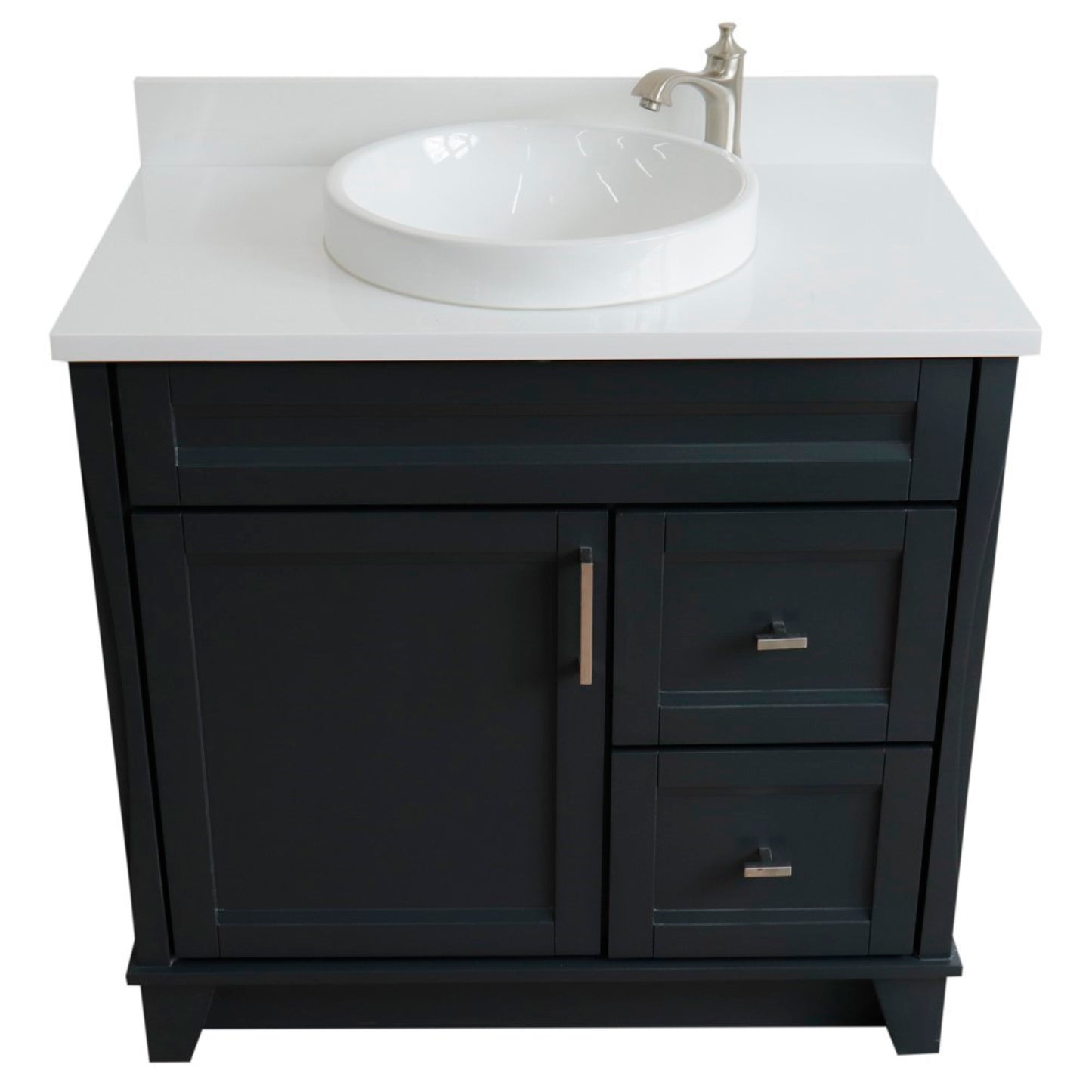 37" Single sink vanity in Dark Gray finish with White engineered stone and Left door/Round Center sink