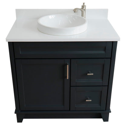 37" Single sink vanity in Dark Gray finish with White engineered stone and Left door/Round Center sink