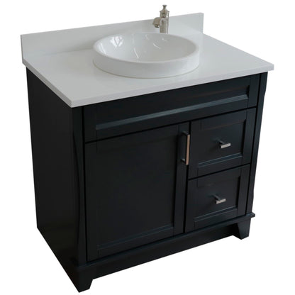 37" Single sink vanity in Dark Gray finish with White engineered stone and Left door/Round Center sink