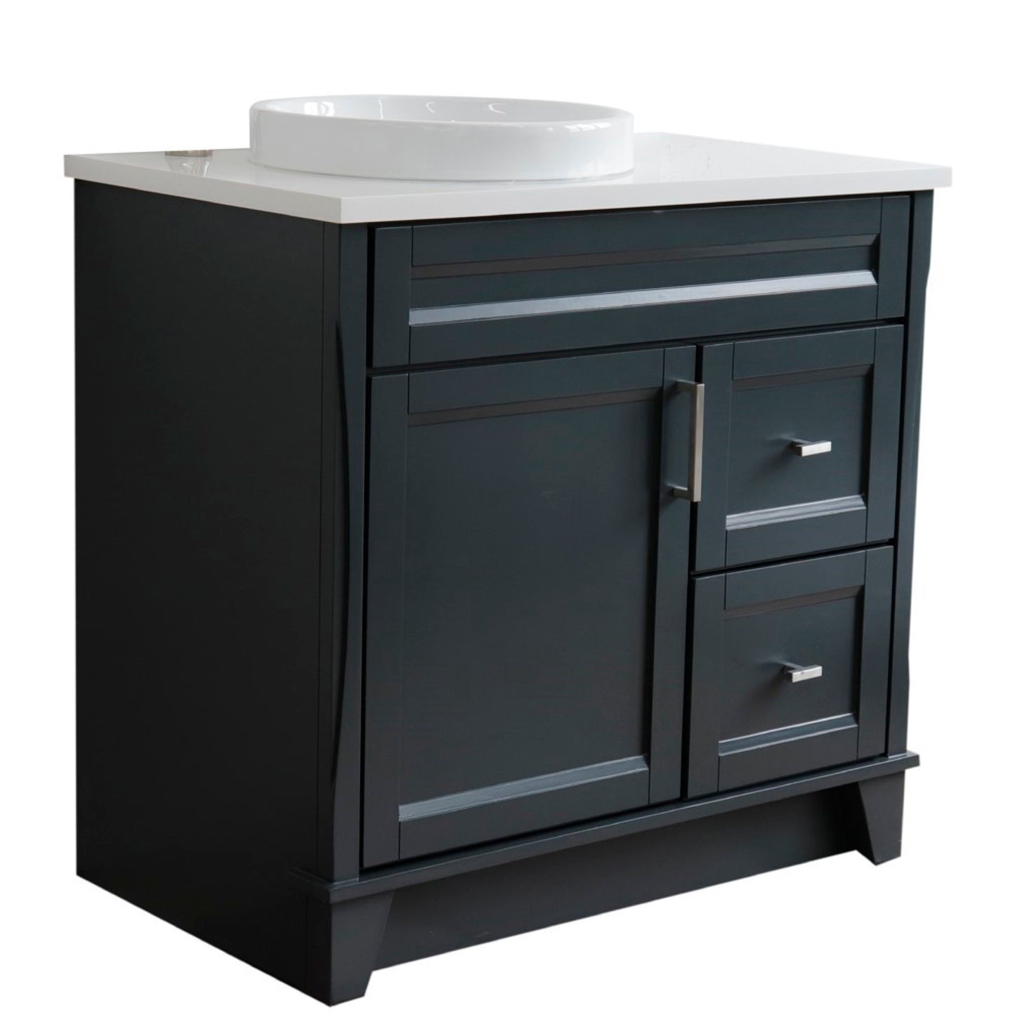 37" Single sink vanity in Dark Gray finish with White engineered stone and Left door/Round Left sink
