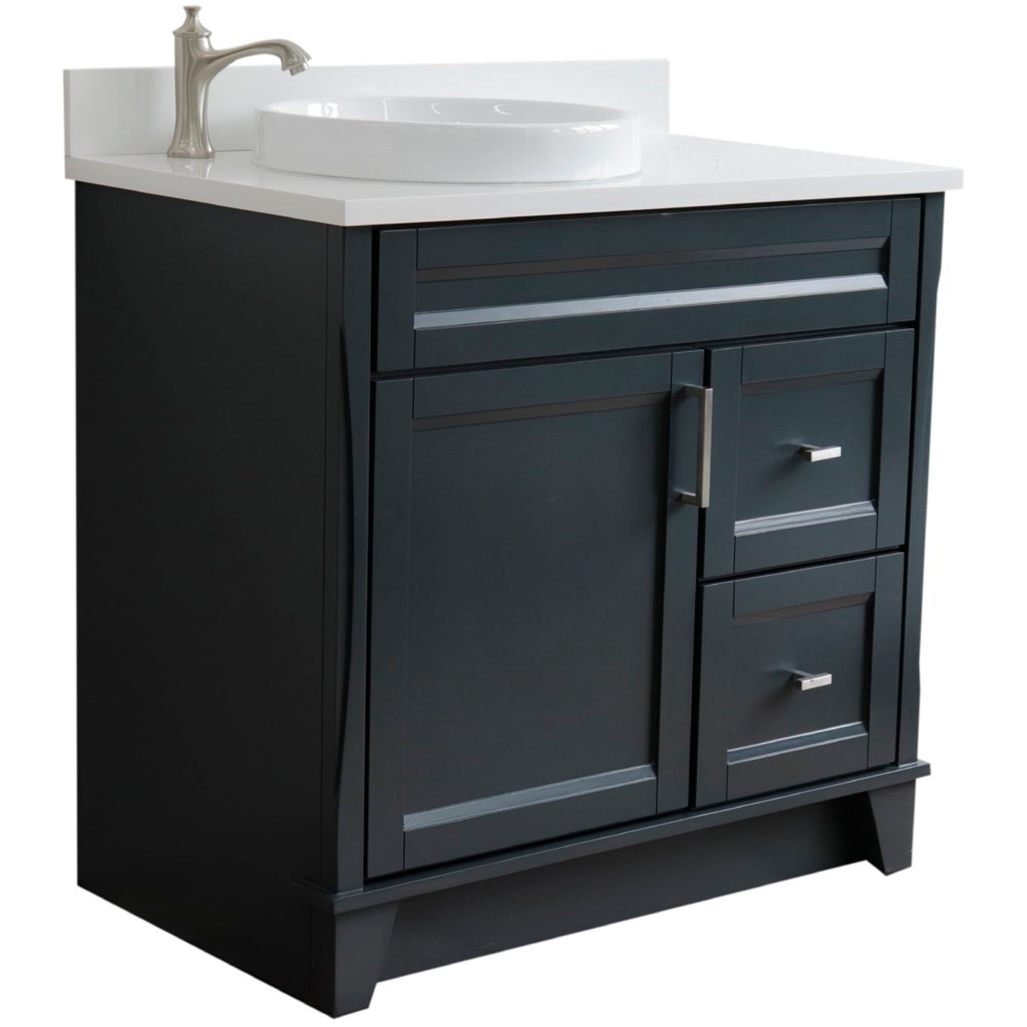 37" Single sink vanity in Dark Gray finish with White engineered stone and Left door/Round Left sink