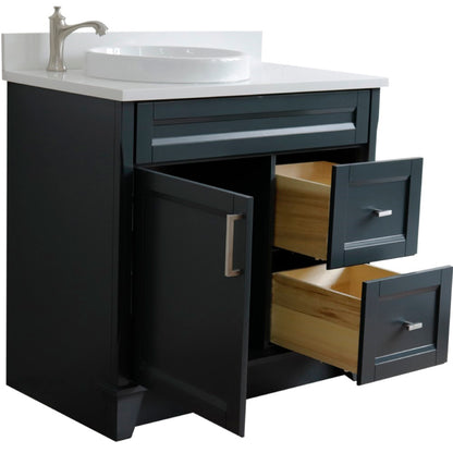 37" Single sink vanity in Dark Gray finish with White engineered stone and Left door/Round Left sink