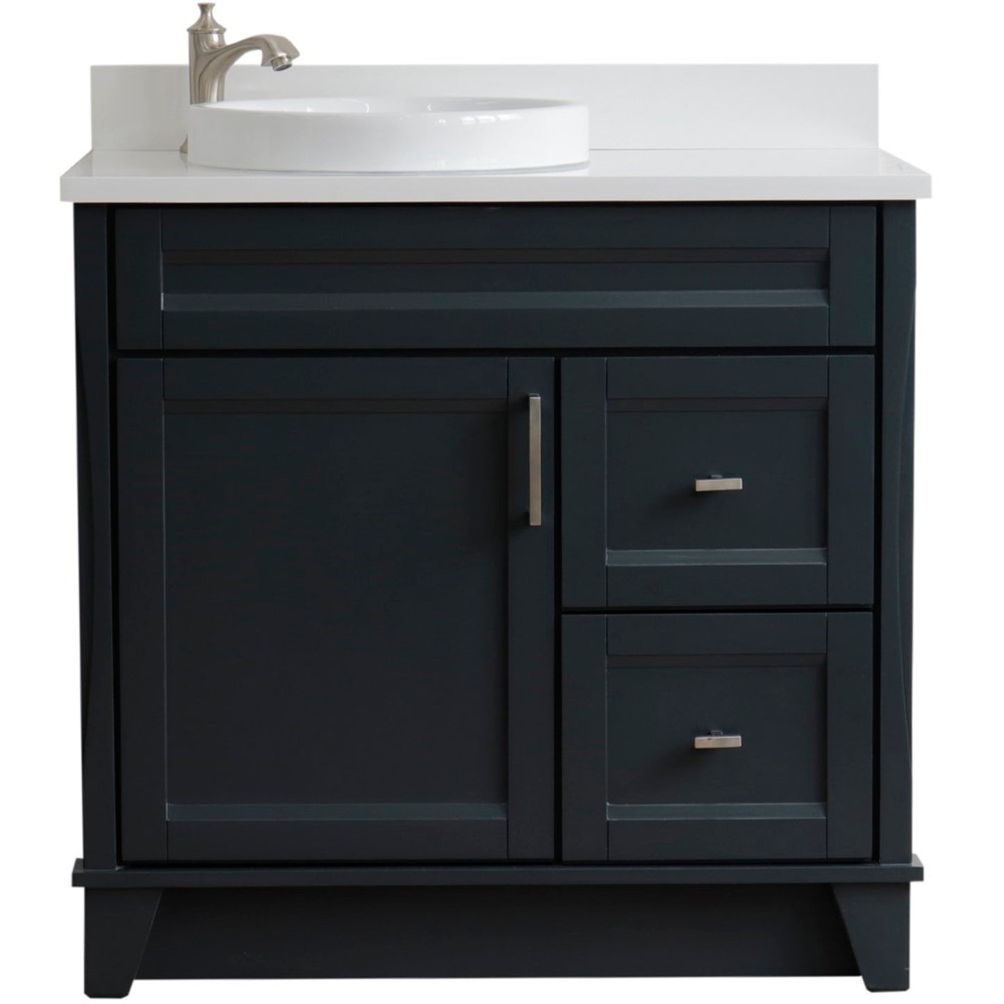 37" Single sink vanity in Dark Gray finish with White engineered stone and Left door/Round Left sink