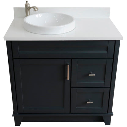 37" Single sink vanity in Dark Gray finish with White engineered stone and Left door/Round Left sink