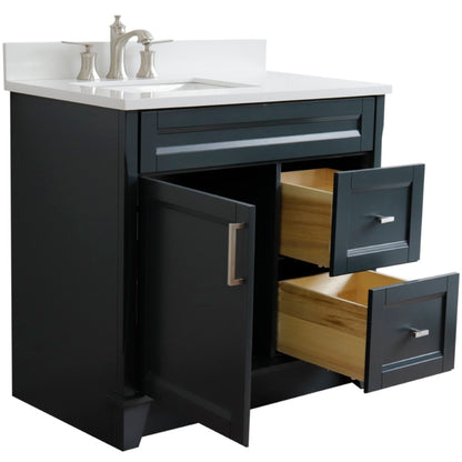 37" Single sink vanity in Dark Gray finish with White engineered stone and Left door/Left sink