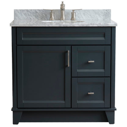 37" Single sink vanity in Dark Gray finish with White Carrara marble and Left door/Center sink