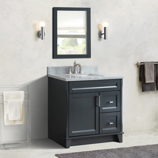 37" Single sink vanity in Dark Gray finish with White Carrara marble and Left door/Center sink