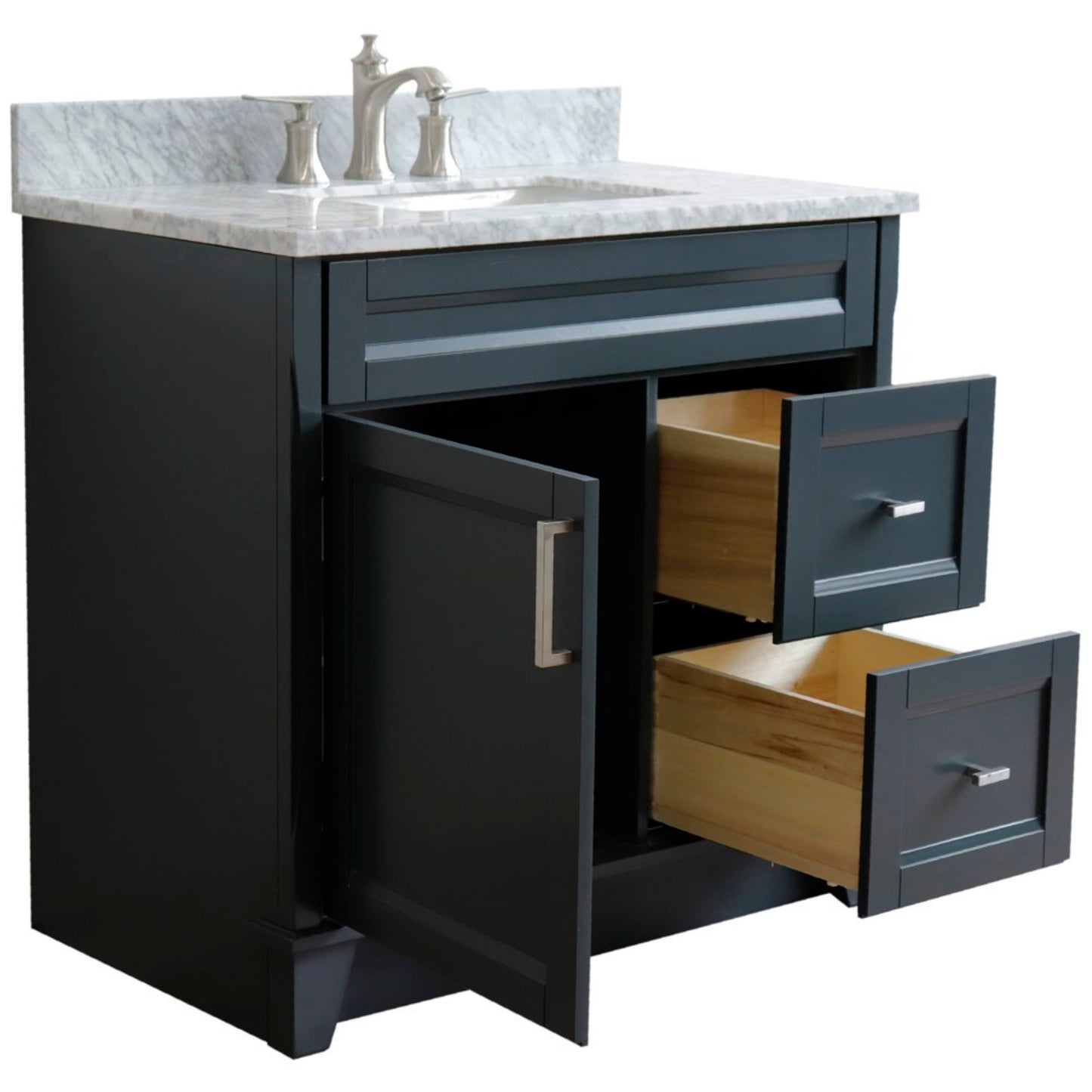 37" Single sink vanity in Dark Gray finish with White Carrara marble and Left door/Center sink