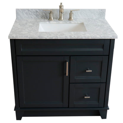 37" Single sink vanity in Dark Gray finish with White Carrara marble and Left door/Center sink