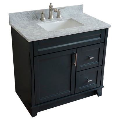 37" Single sink vanity in Dark Gray finish with White Carrara marble and Left door/Center sink