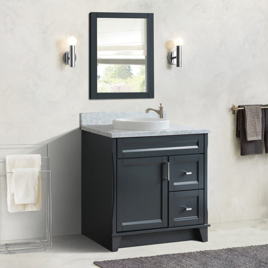 37" Single sink vanity in Dark Gray finish with White Carrara marble and Left door/Round Center sink