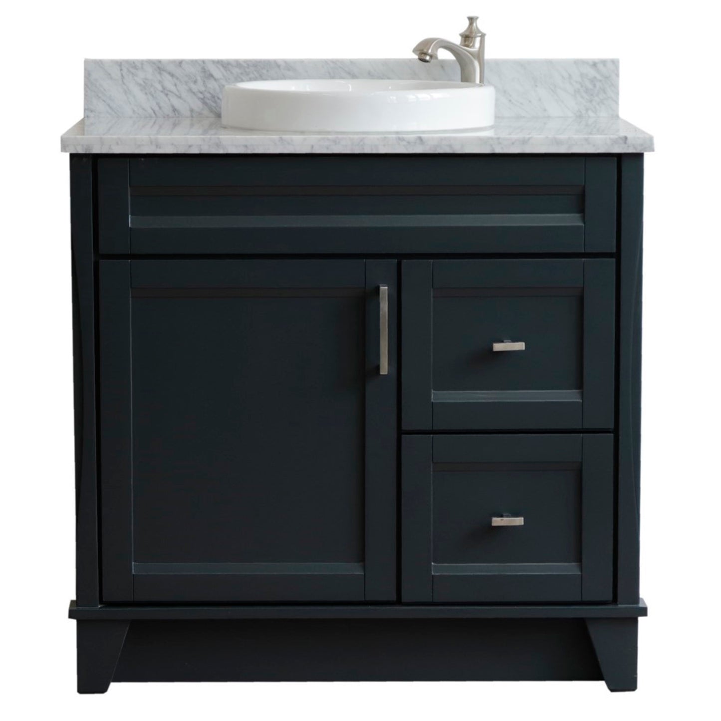37" Single sink vanity in Dark Gray finish with White Carrara marble and Left door/Round Center sink