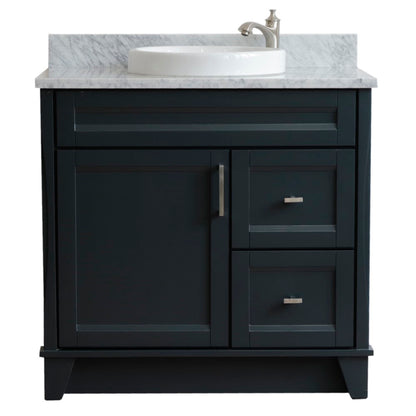37" Single sink vanity in Dark Gray finish with White Carrara marble and Left door/Round Center sink