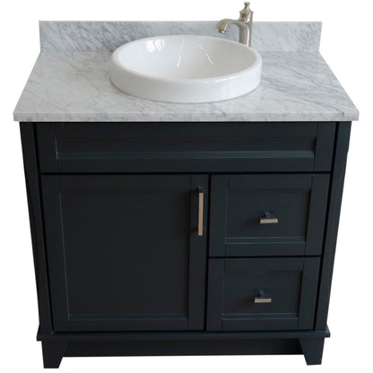 37" Single sink vanity in Dark Gray finish with White Carrara marble and Left door/Round Center sink