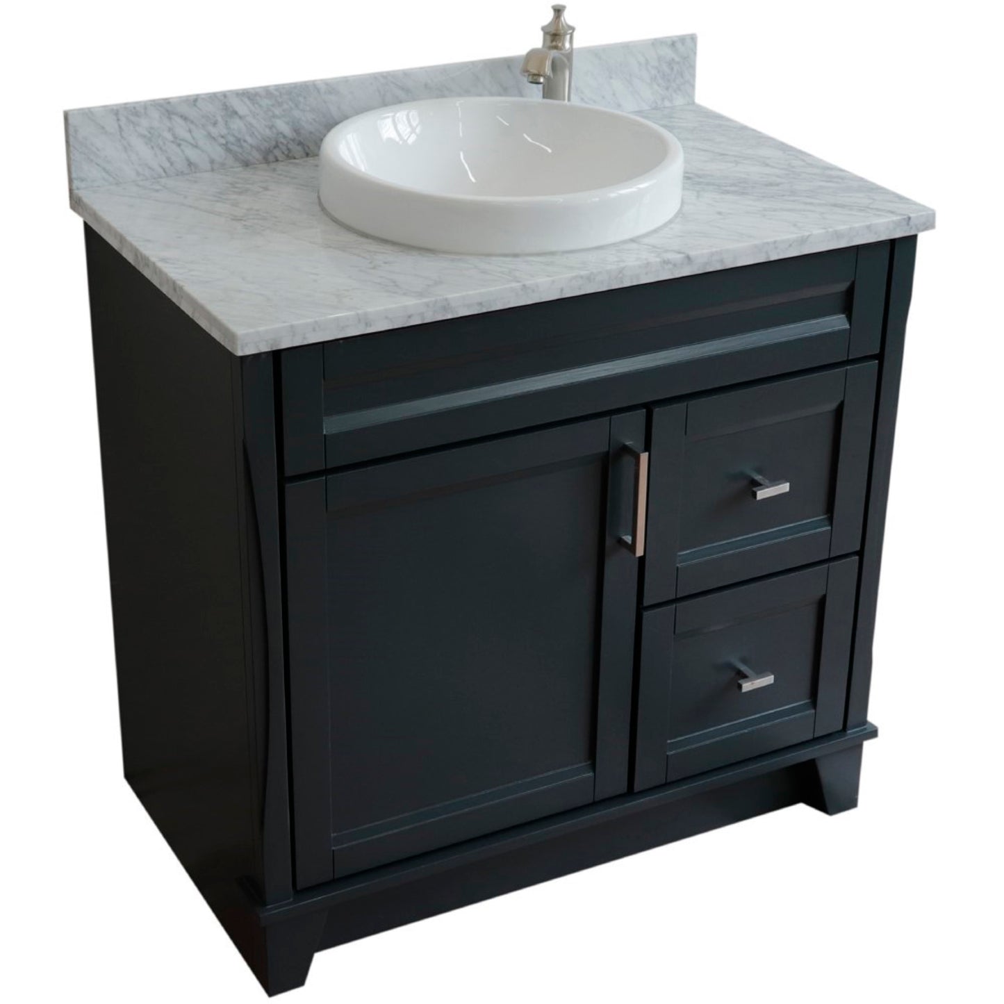 37" Single sink vanity in Dark Gray finish with White Carrara marble and Left door/Round Center sink