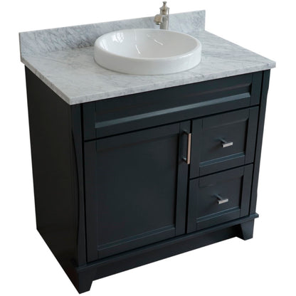 37" Single sink vanity in Dark Gray finish with White Carrara marble and Left door/Round Center sink