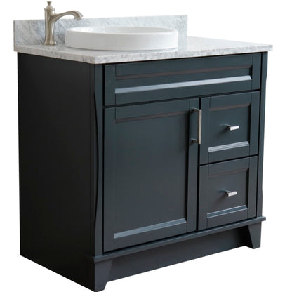 37" Single sink vanity in Dark Gray finish with White Carrara marble and Left door/Round Left sink