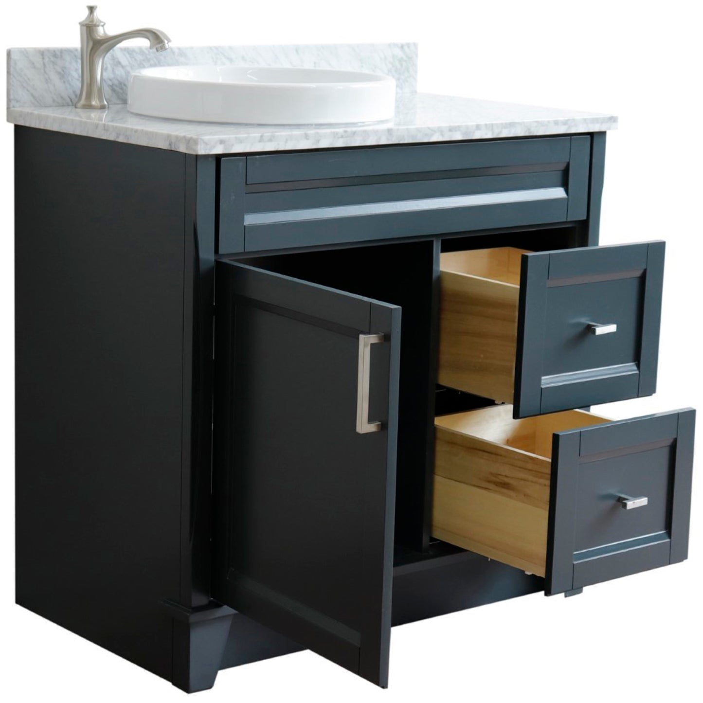 37" Single sink vanity in Dark Gray finish with White Carrara marble and Left door/Round Left sink