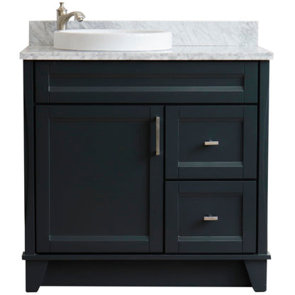 37" Single sink vanity in Dark Gray finish with White Carrara marble and Left door/Round Left sink