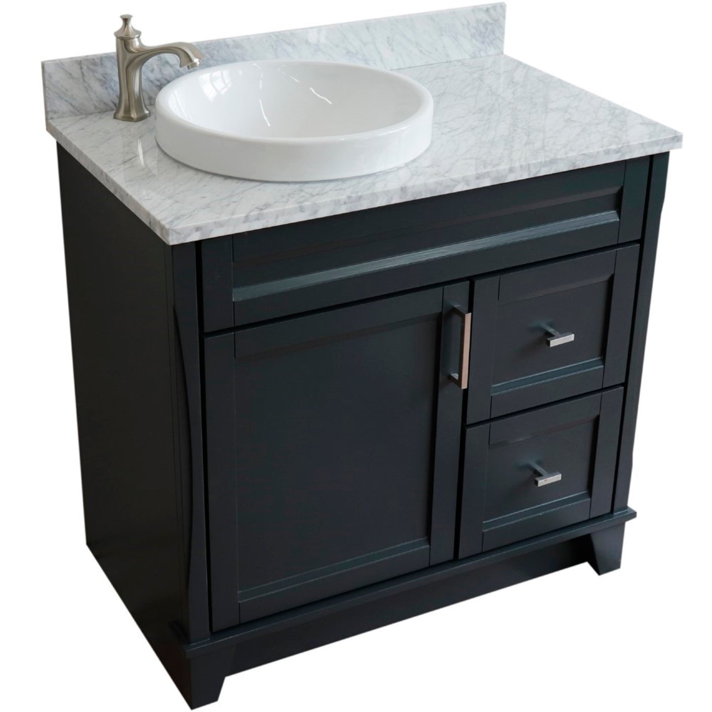 37" Single sink vanity in Dark Gray finish with White Carrara marble and Left door/Round Left sink