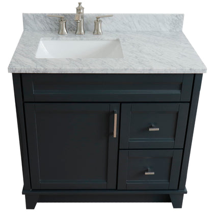 37" Single sink vanity in Dark Gray finish with White Carrara marble and Left door/Left sink