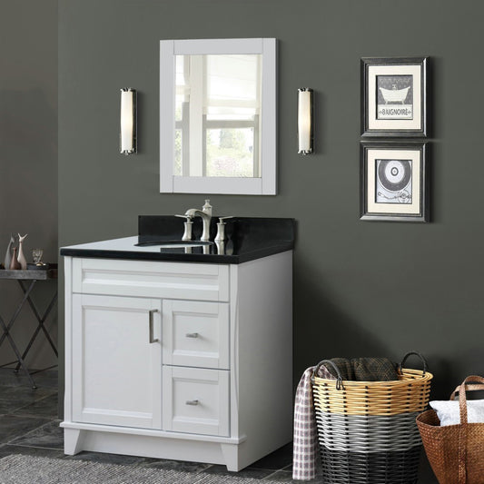 37" Single sink vanity in White finish with Black galaxy granite and Left door/Center sink