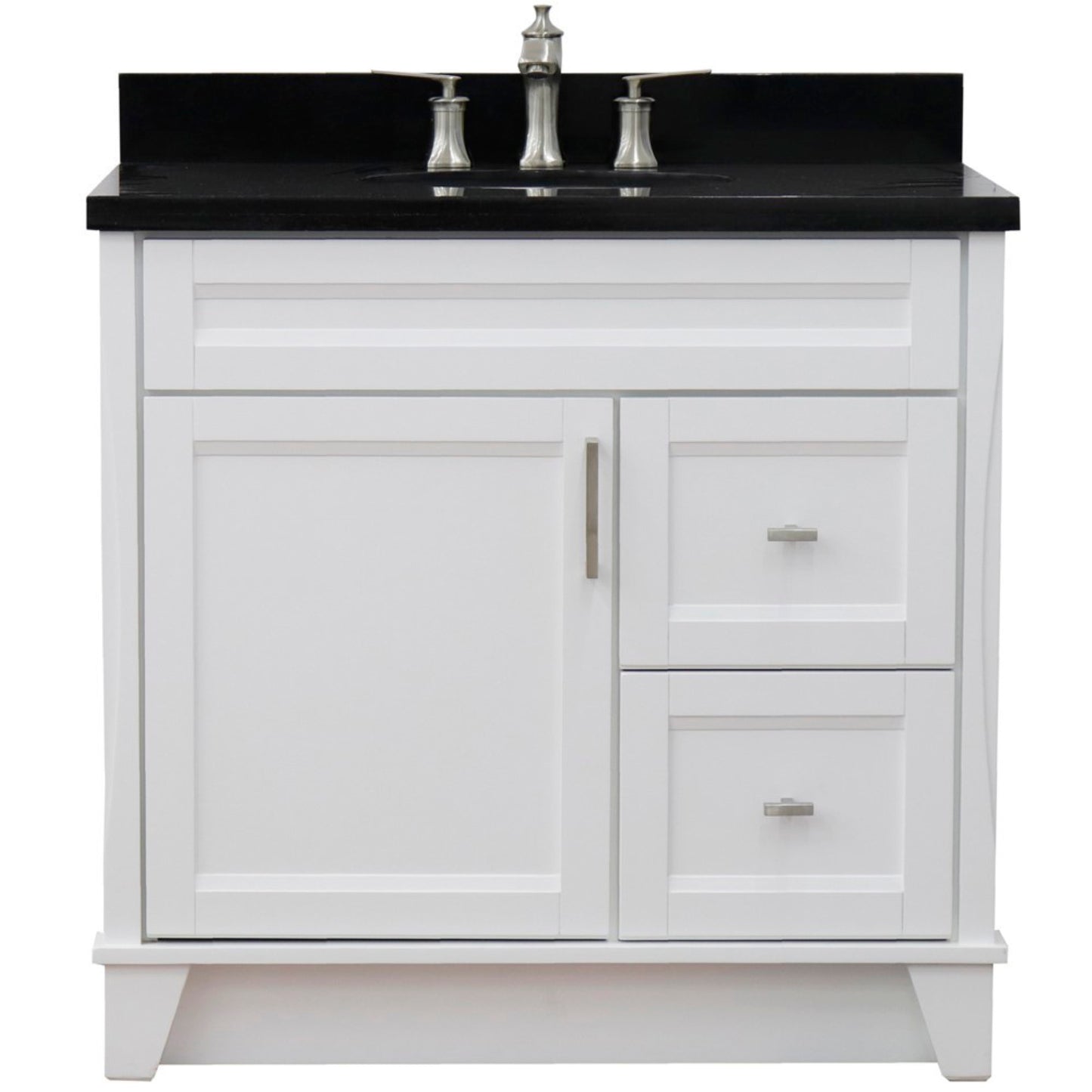 37" Single sink vanity in White finish with Black galaxy granite and Left door/Center sink