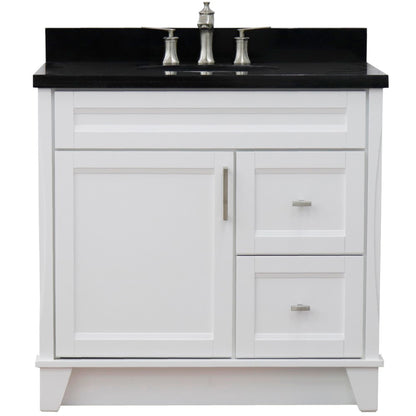 37" Single sink vanity in White finish with Black galaxy granite and Left door/Center sink