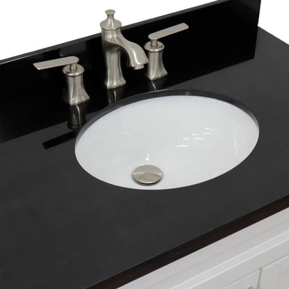 37" Single sink vanity in White finish with Black galaxy granite and Left door/Center sink
