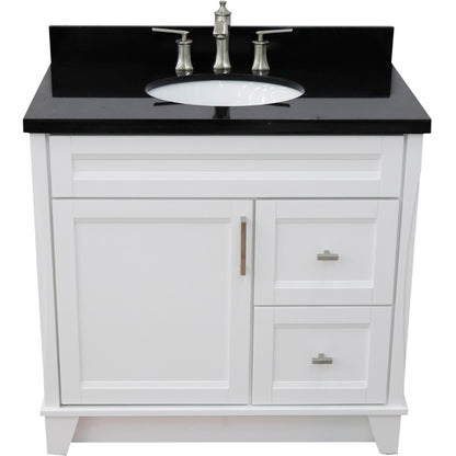 37" Single sink vanity in White finish with Black galaxy granite and Left door/Center sink