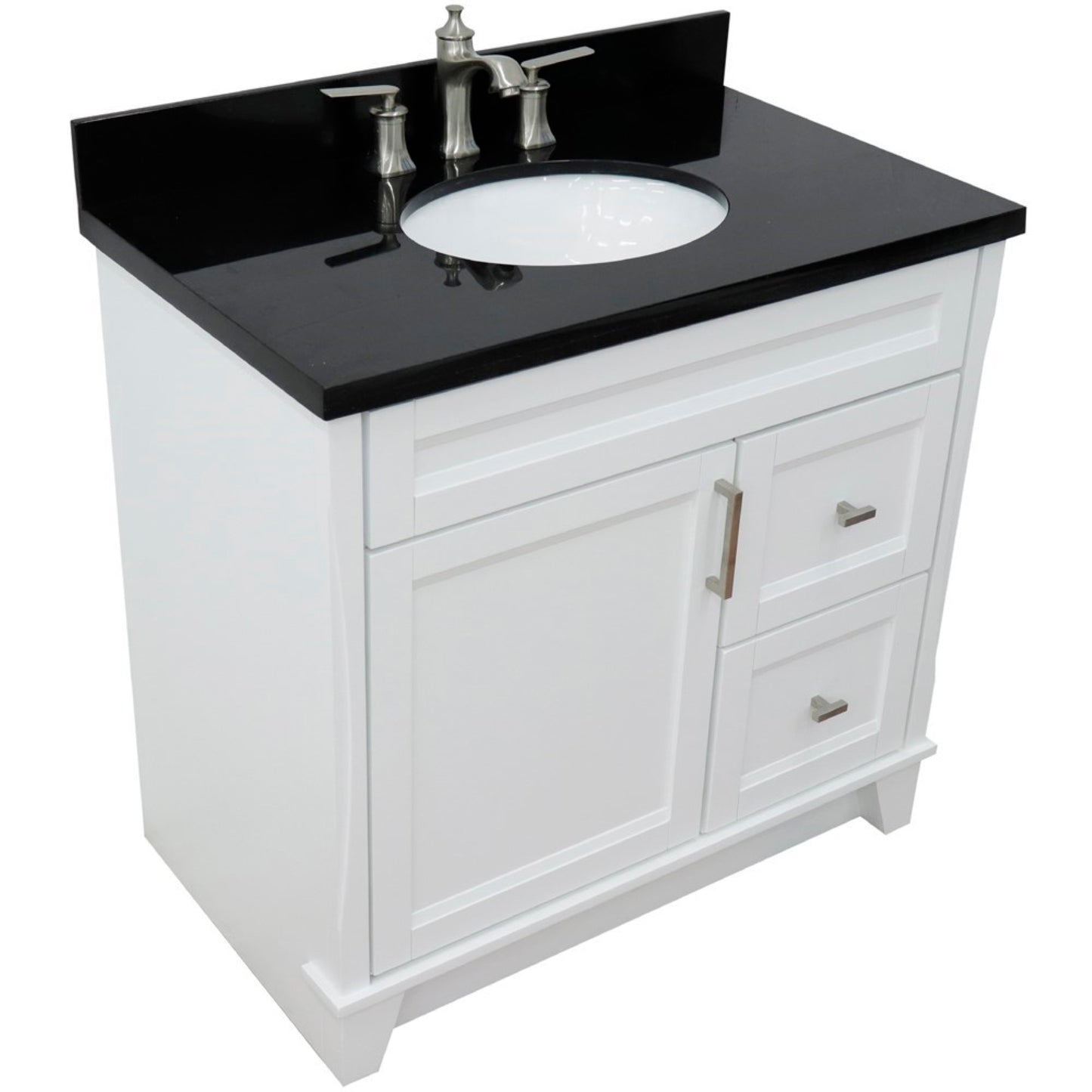37" Single sink vanity in White finish with Black galaxy granite and Left door/Center sink
