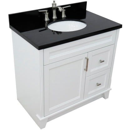 37" Single sink vanity in White finish with Black galaxy granite and Left door/Center sink