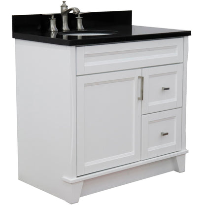 37" Single sink vanity in White finish with Black galaxy granite and Left door/Left sink