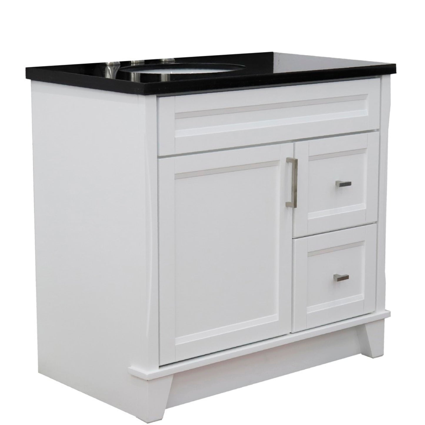 37" Single sink vanity in White finish with Black galaxy granite and Left door/Left sink