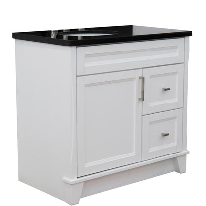 37" Single sink vanity in White finish with Black galaxy granite and Left door/Left sink