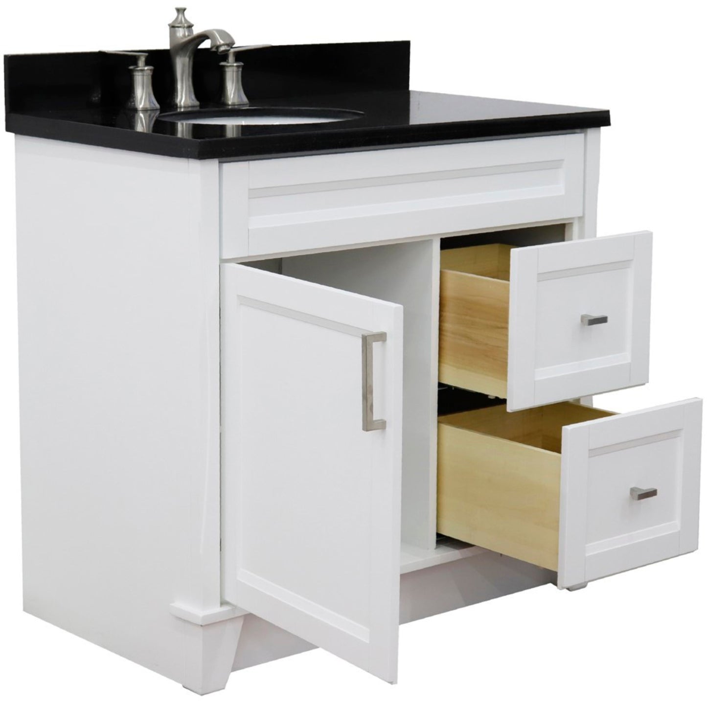 37" Single sink vanity in White finish with Black galaxy granite and Left door/Left sink