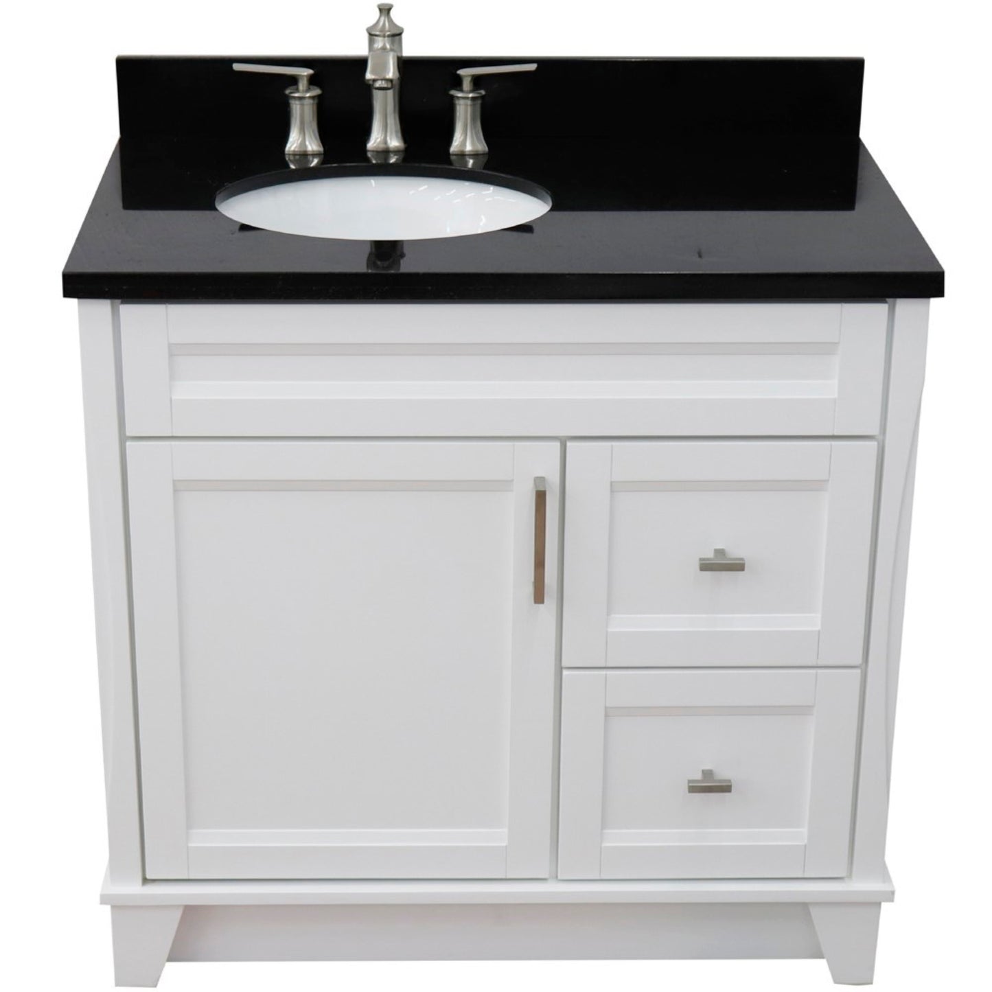 37" Single sink vanity in White finish with Black galaxy granite and Left door/Left sink