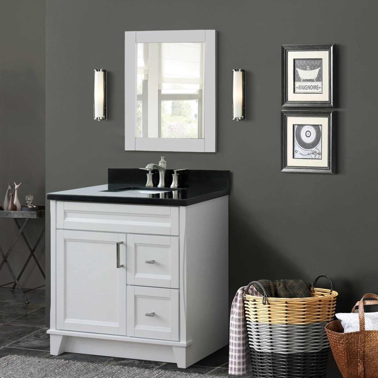 37" Single sink vanity in White finish with Black galaxy granite and Left door/Center sink