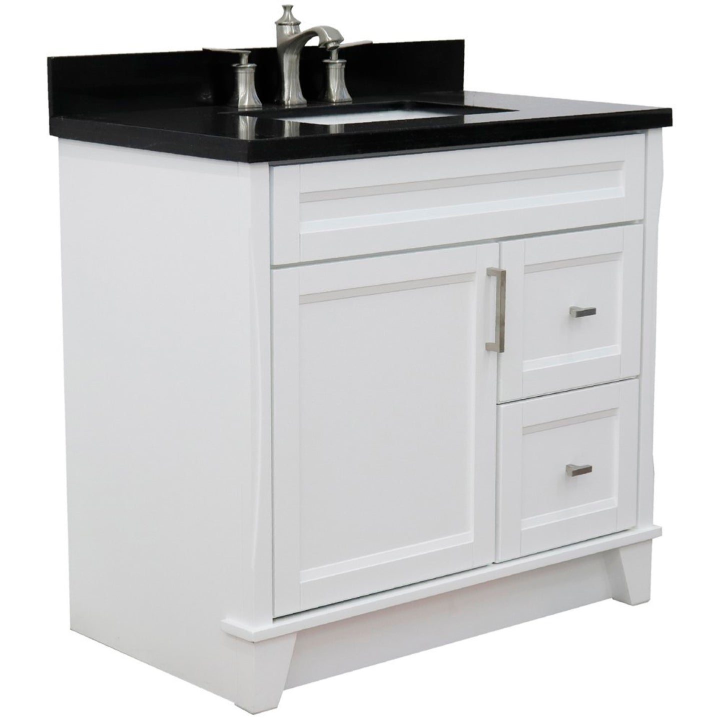 37" Single sink vanity in White finish with Black galaxy granite and Left door/Center sink