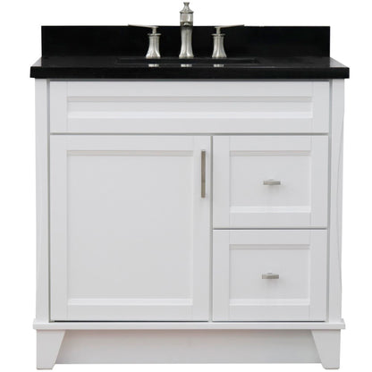 37" Single sink vanity in White finish with Black galaxy granite and Left door/Center sink