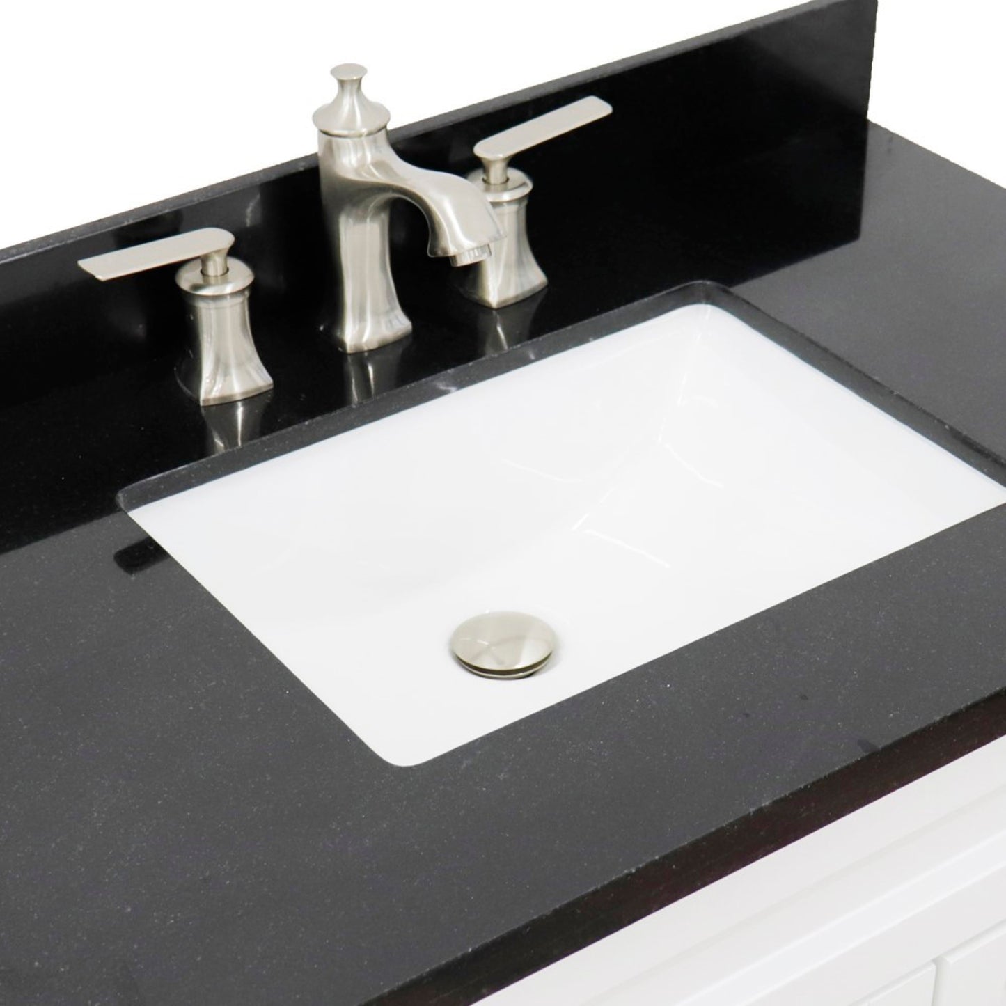 37" Single sink vanity in White finish with Black galaxy granite and Left door/Center sink