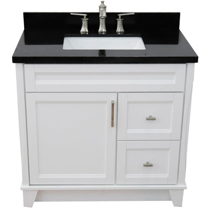 37" Single sink vanity in White finish with Black galaxy granite and Left door/Center sink